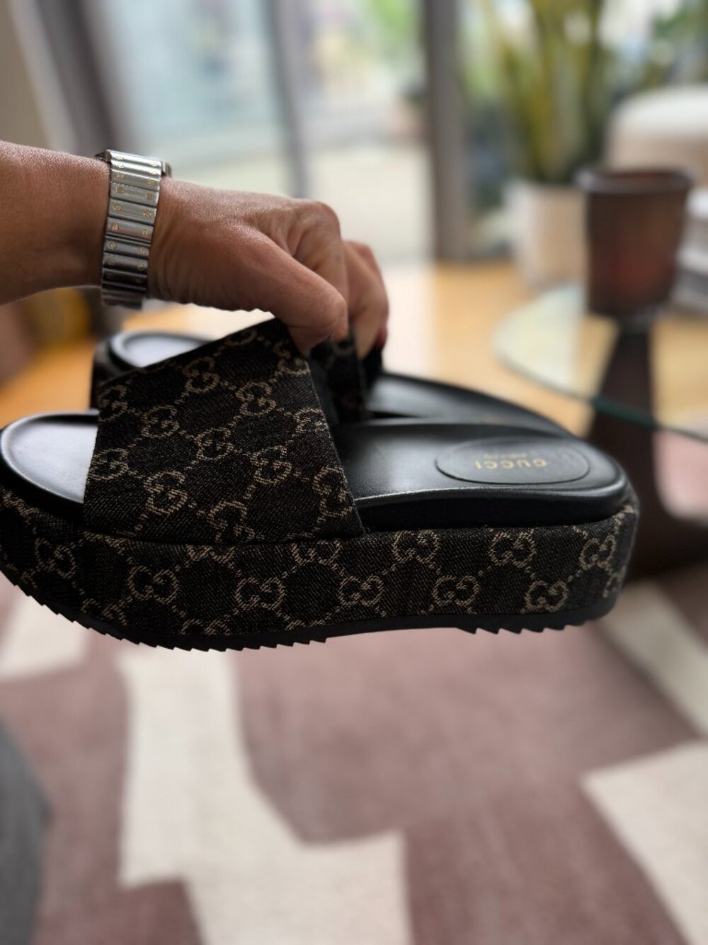 Gucci GG Denim Platform Slide Sandals Black Size 39